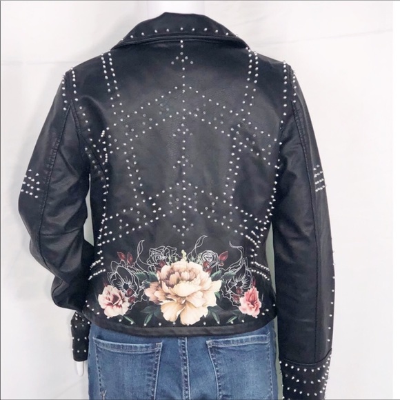 Blank NYC Black Stud Floral Vegan Leather Moto SzS - Picture 4 of 15